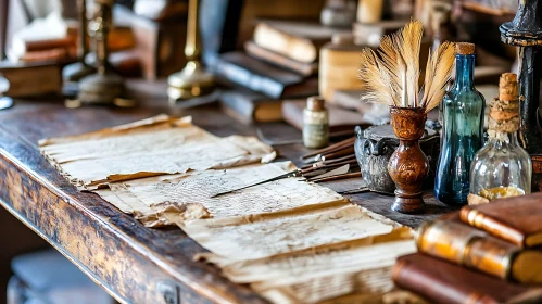 Antique Desk with Quill and Papers