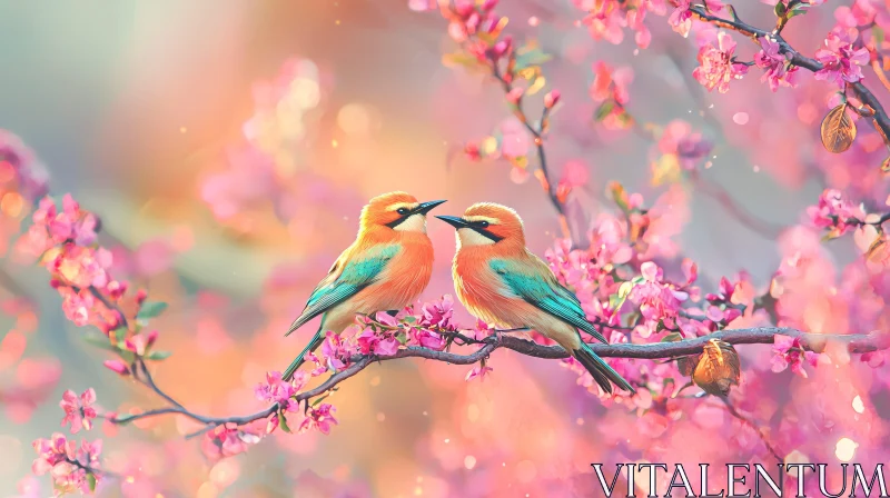 Birds Among Pink Flowers Artwork AI Image