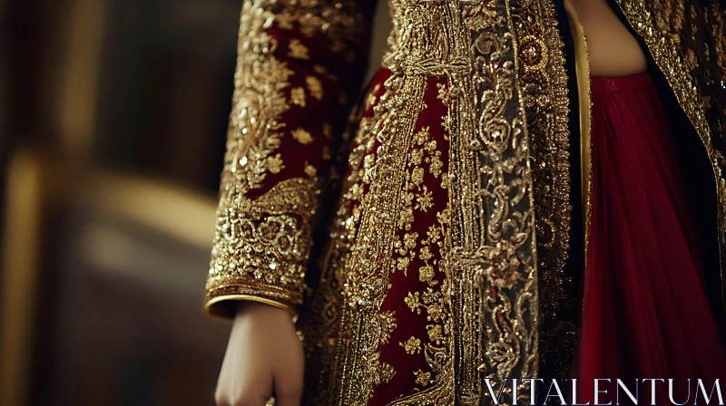 Detailed Embroidery on Red and Gold Dress AI Image