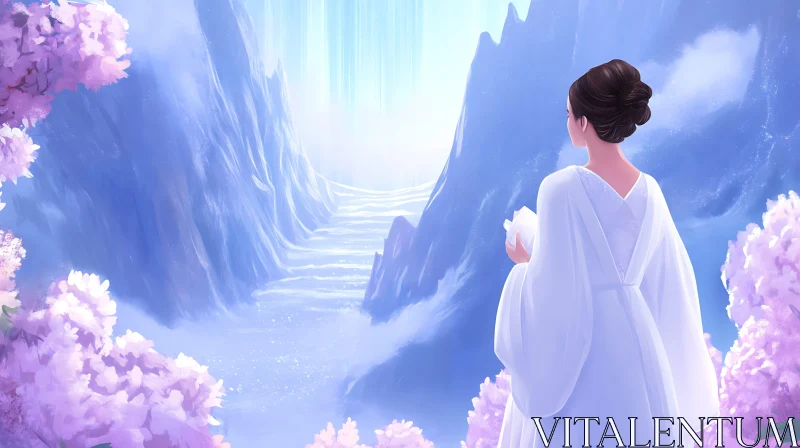 Waterfall View with Woman in White AI Image