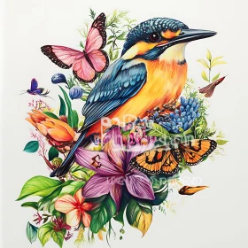 Floral Kingfisher Bird Illustration