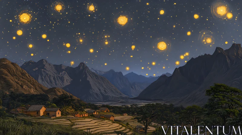 Night Sky Over Mountain Village AI Image