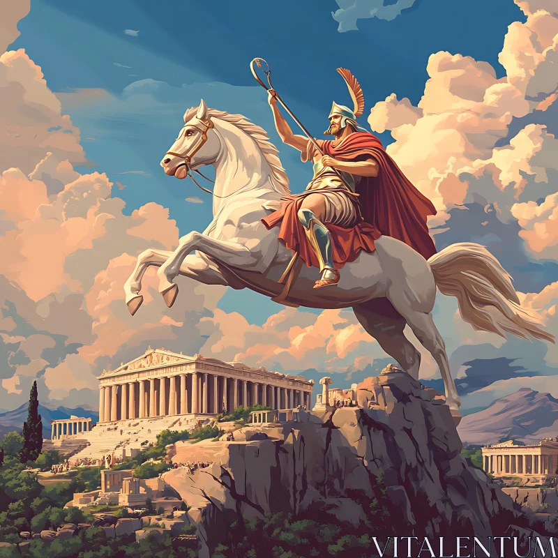 Equestrian Warrior Above Classical Ruins AI Image