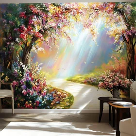 Sunlit Garden Path with Blooming Flowers Mural