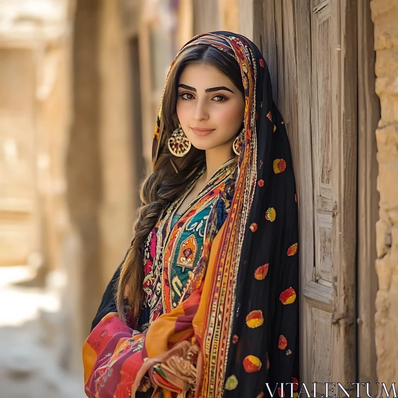 Woman in Traditional Dress by Wooden Door AI Image