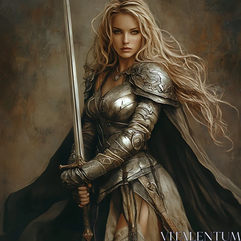 AI ART Blonde Woman Warrior in Silver Armor