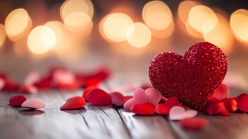 Heart and Rose Petals on Wood