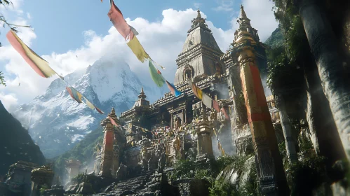 Mountain Temple with Prayer Flags