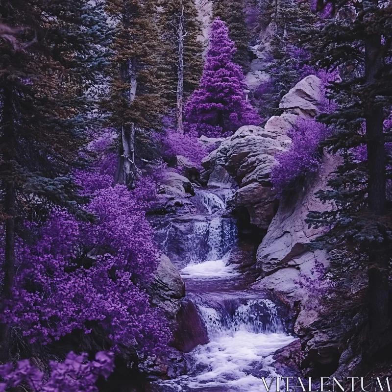 Serene Waterfall in Purple-Hued Forest AI Image