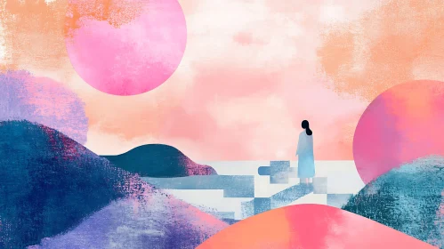 Serene Abstract Landscape with Woman on Stairs