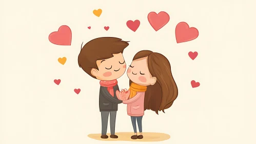 Romantic Cartoon Couple with Hearts