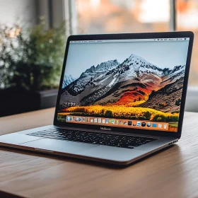 Serene Desktop Setup with Laptop Displaying Mountains