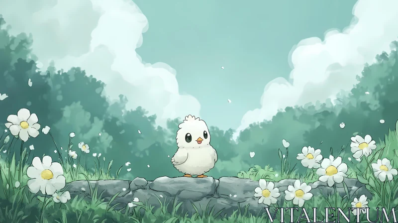 Cute Bird Surrounded by Daisies AI Image