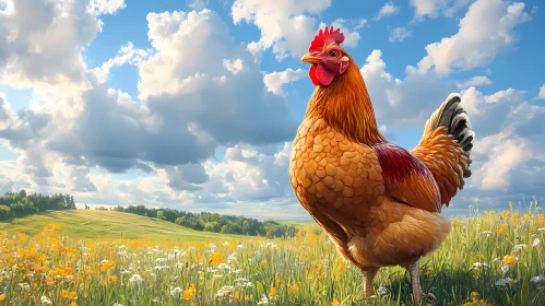 Golden Chicken Amidst Wildflowers