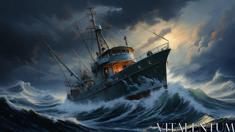 Captivating Painting of a Boat in Turbulent Waters | Realistic Chiaroscuro Art AI Image