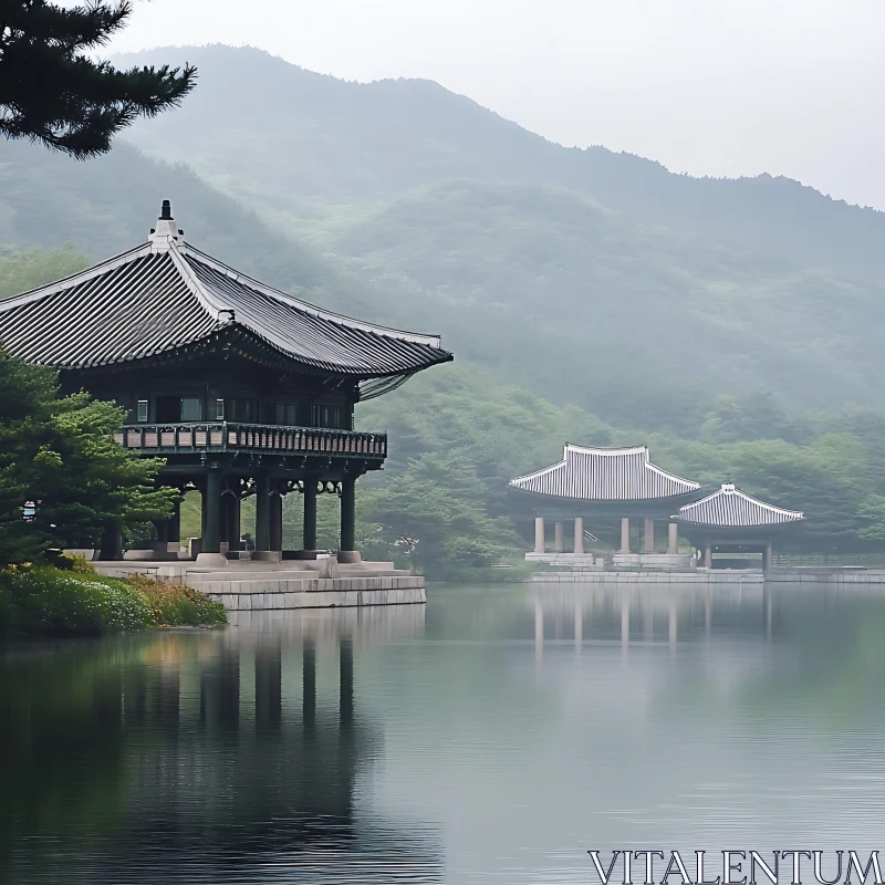 Tranquil Korean Architecture by the Lake AI Image