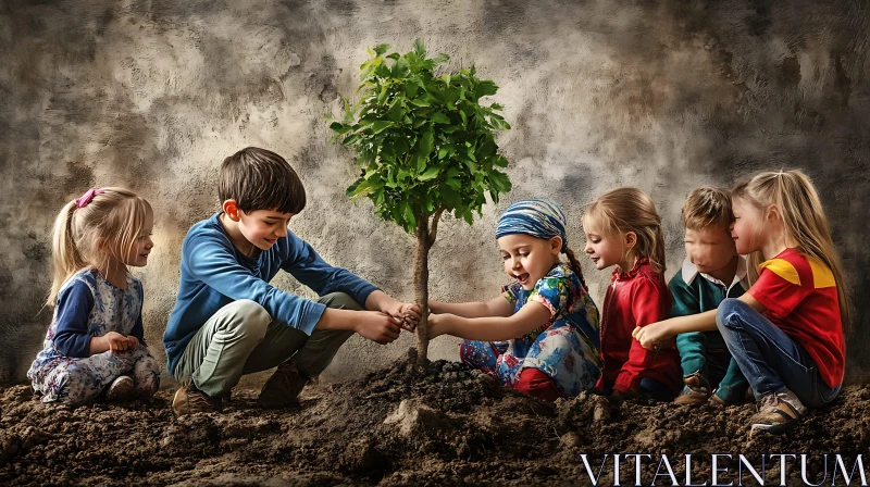 Kids Planting a Tree Together AI Image