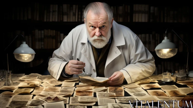 Enigmatic Encounter: An Old Man Amidst Ancient Books and Papers AI Image