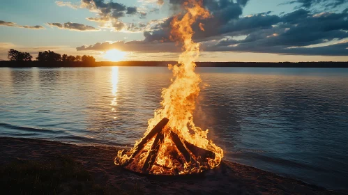 Serene Lakeside Bonfire at Dusk