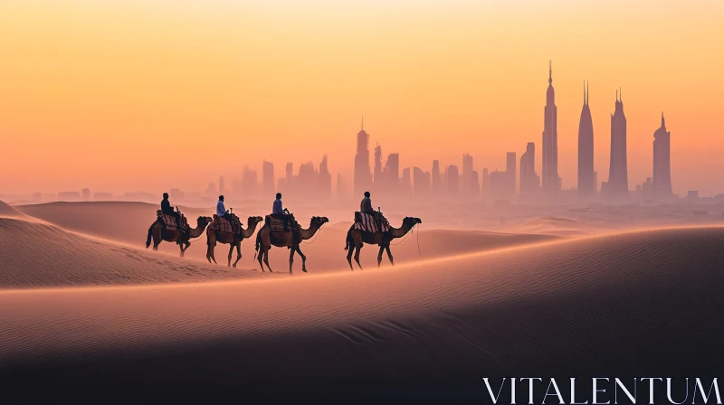 AI ART Camels in Desert with City Skyline