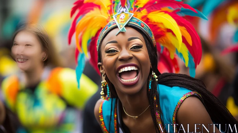 Joyful Woman Celebrating at Carnival with Colorful Feathers AI Image