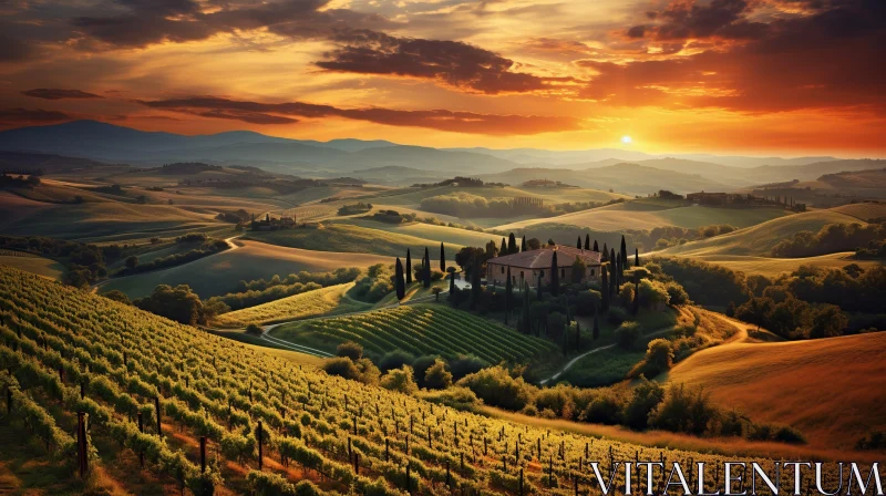Tuscan Sunset: A Romantic Landscape of Italy's Countryside AI Image