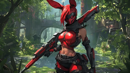 Red Armored Warrior in Green Forest