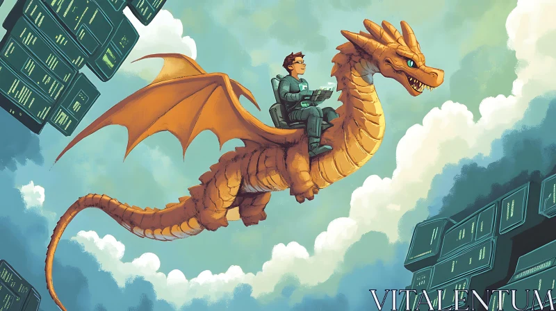 AI ART Rider on Dragon Soaring Through City Skies