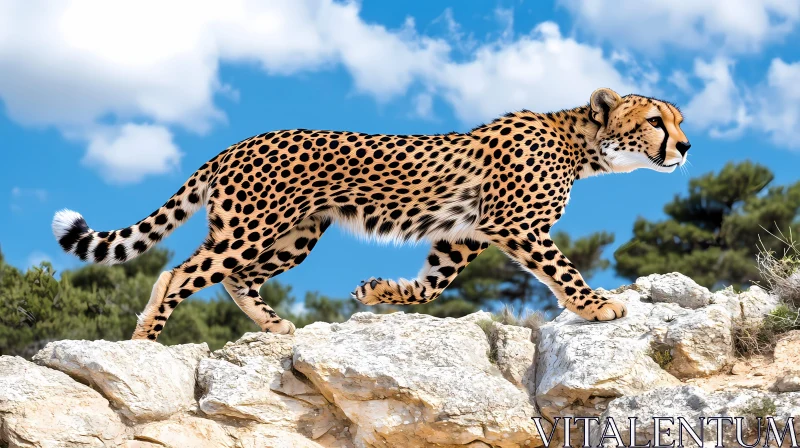 Cheetah Walking Under Blue Skies AI Image