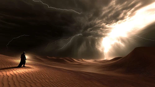 Man in Desert with Lightning