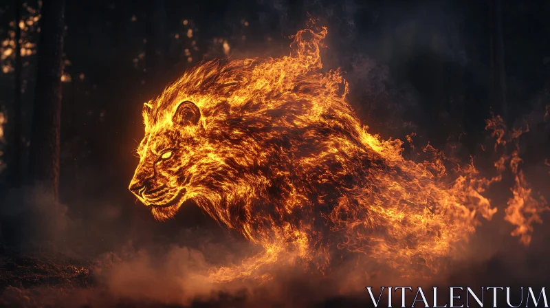 Flaming Lion in the Depths of the Forest AI Image