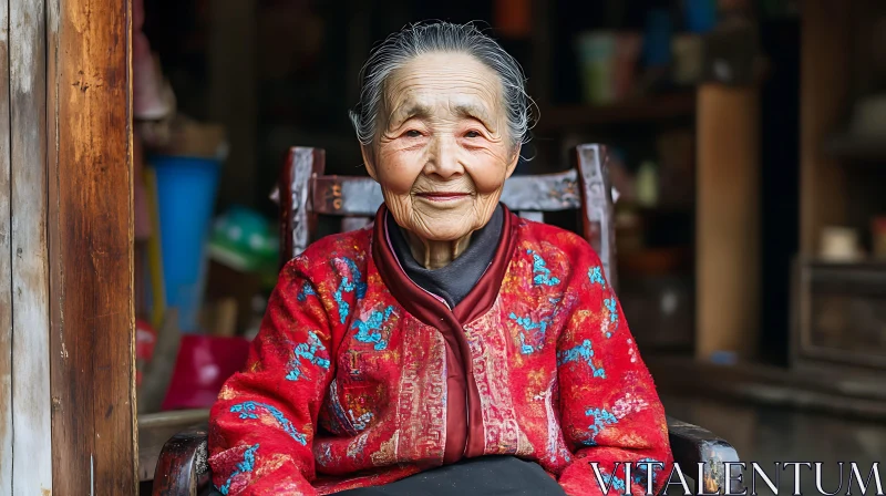 Smiling Elderly Woman in Red Patterned Top AI Image