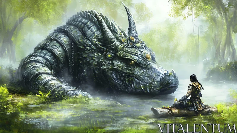 Swamp Dragon and Contemplative Figure AI Image