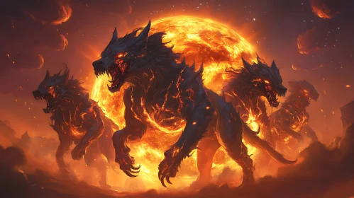 Fiery Hellhounds Emerging From Shadows