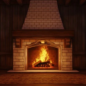 Rustic Wooden Fireplace with Warm, Golden Flames