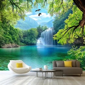 Living Room with Stunning Waterfall Forest Mural