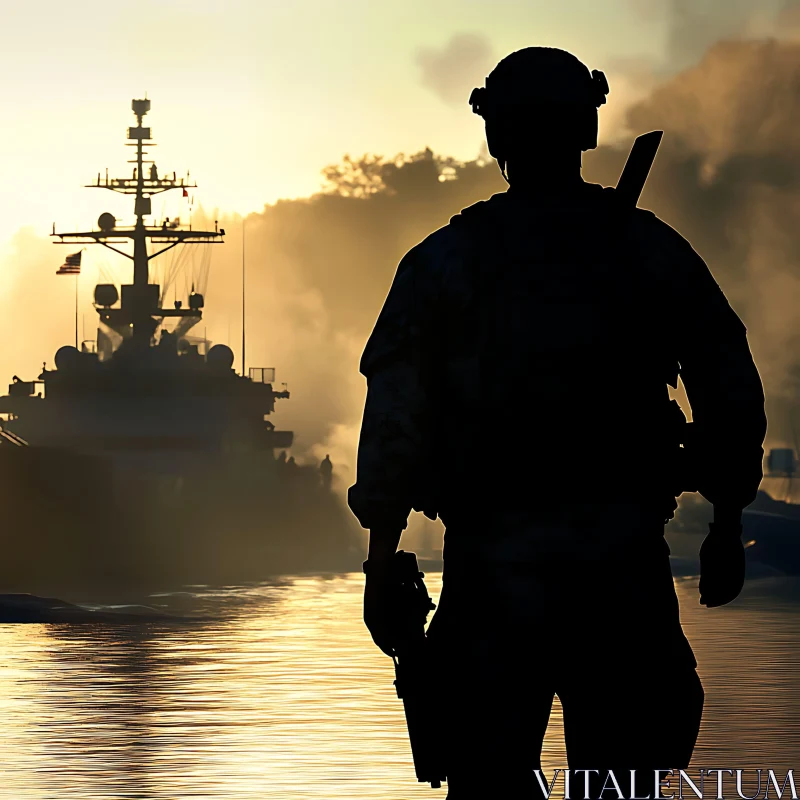 AI ART Silhouette of a Soldier on Warship