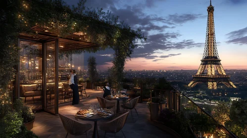 Twilight Rooftop Restaurant Overlooking the Eiffel Tower