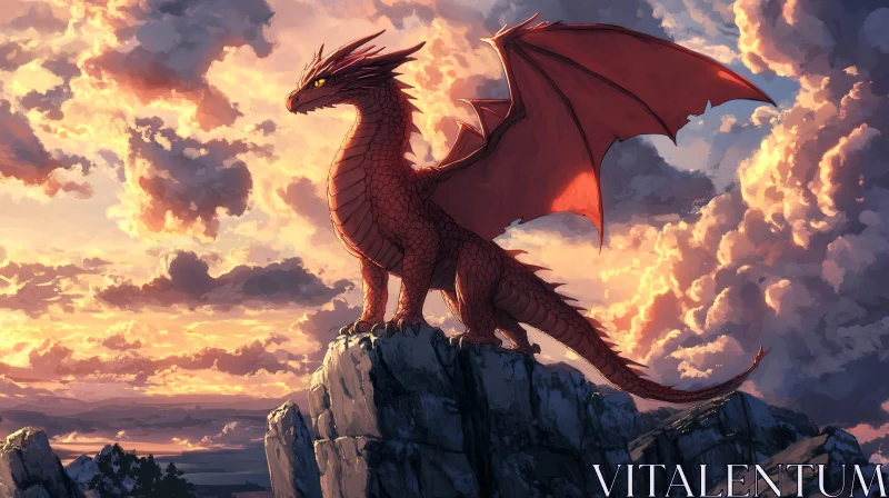 AI ART Crimson Dragon on Mountain at Sunset