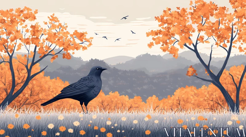 Fall Scene with Bird and Orange Trees AI Image