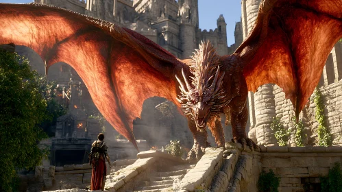 Crimson Dragon and Approaching Warrior