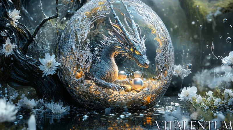 Enchanted Dragon in Water Garden AI Image