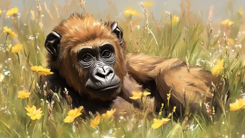 Peaceful Primate in Wildflower Meadow