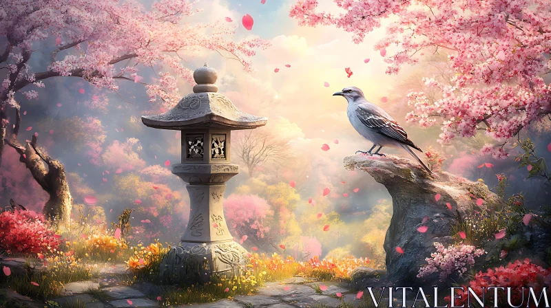 Spring Bird with Cherry Blossoms AI Image