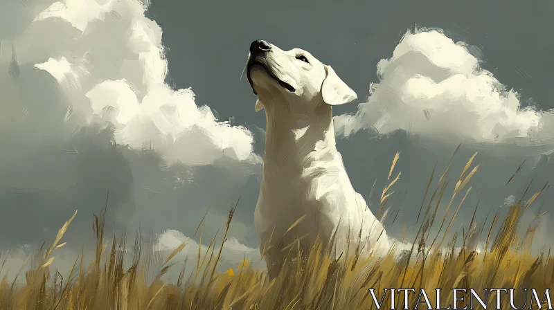 AI ART Dog in a Field with Clouds