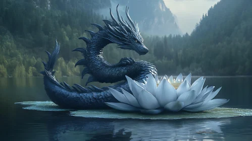 Mystical Dragon Resting on Lotus Flower