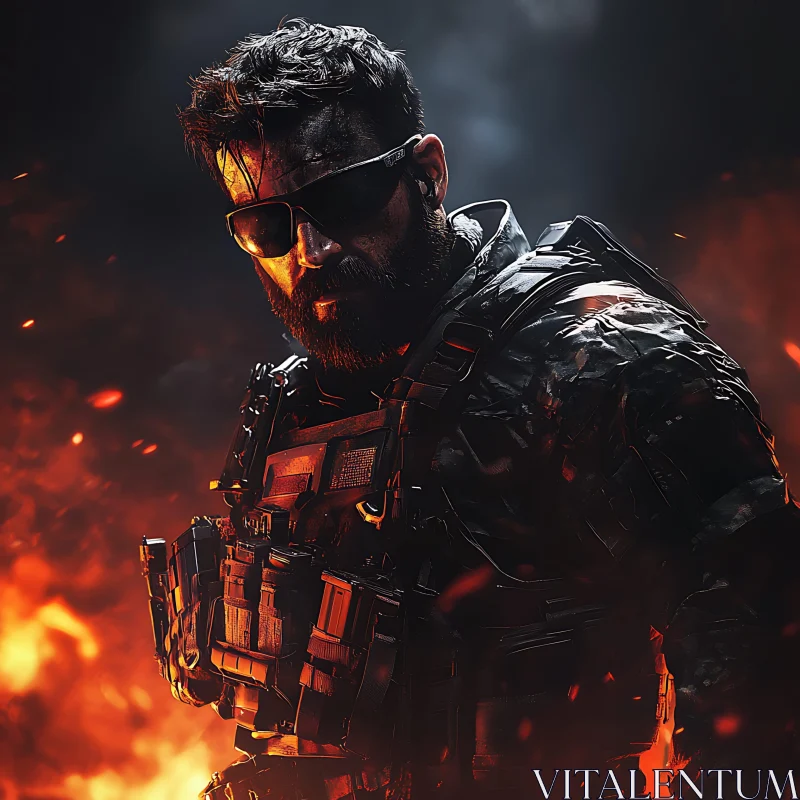 AI ART Man in Military Gear with Fiery Background