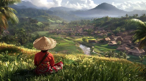 Scenic Rice Field Vista with Local Woman