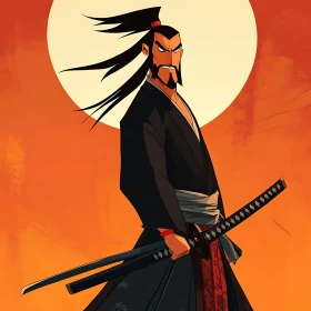Samurai Warrior with Swords in Sunset