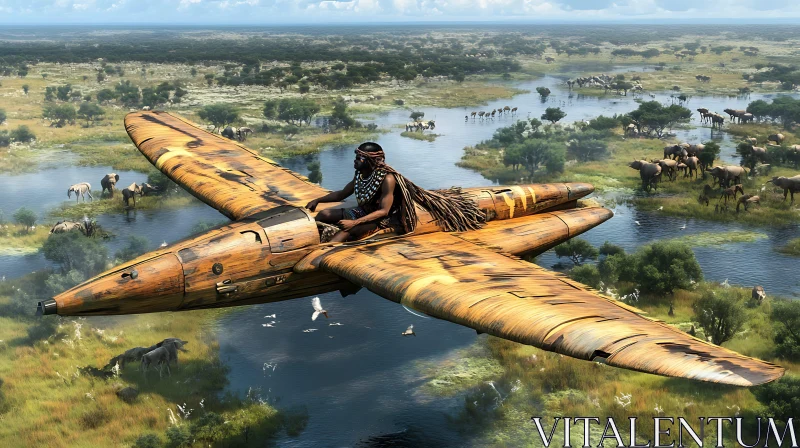 Wooden Airplane Over African Landscape AI Image